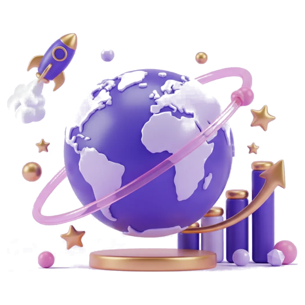 3D illustration: a glowing globe on a metallic podium ringed by neon orbital bands, with a rocket climbing away, rising bar columns under a gold arrow, and floating crystals and gold stars
