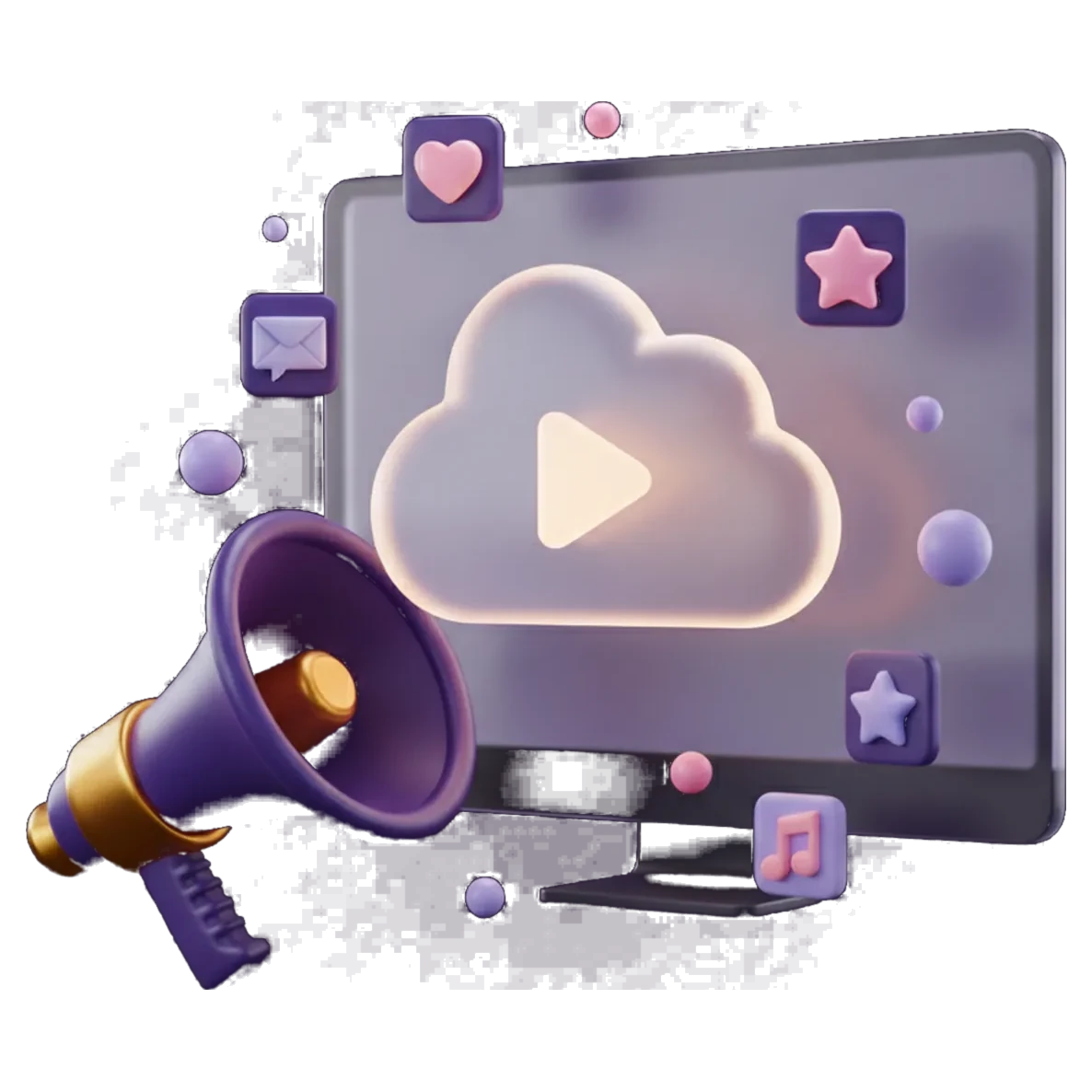 3D illustration: a frosted-glass monitor showing a glassy cloud with a play button, a violet and gold megaphone in front of it, and floating badges for likes, chats, mail, music and video