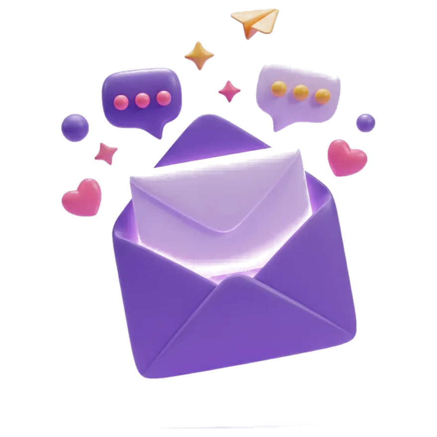 3D illustration: an open violet envelope glowing from within as a letter slides out, with chat bubbles, a gold paper plane, hearts and sparkles rising around it