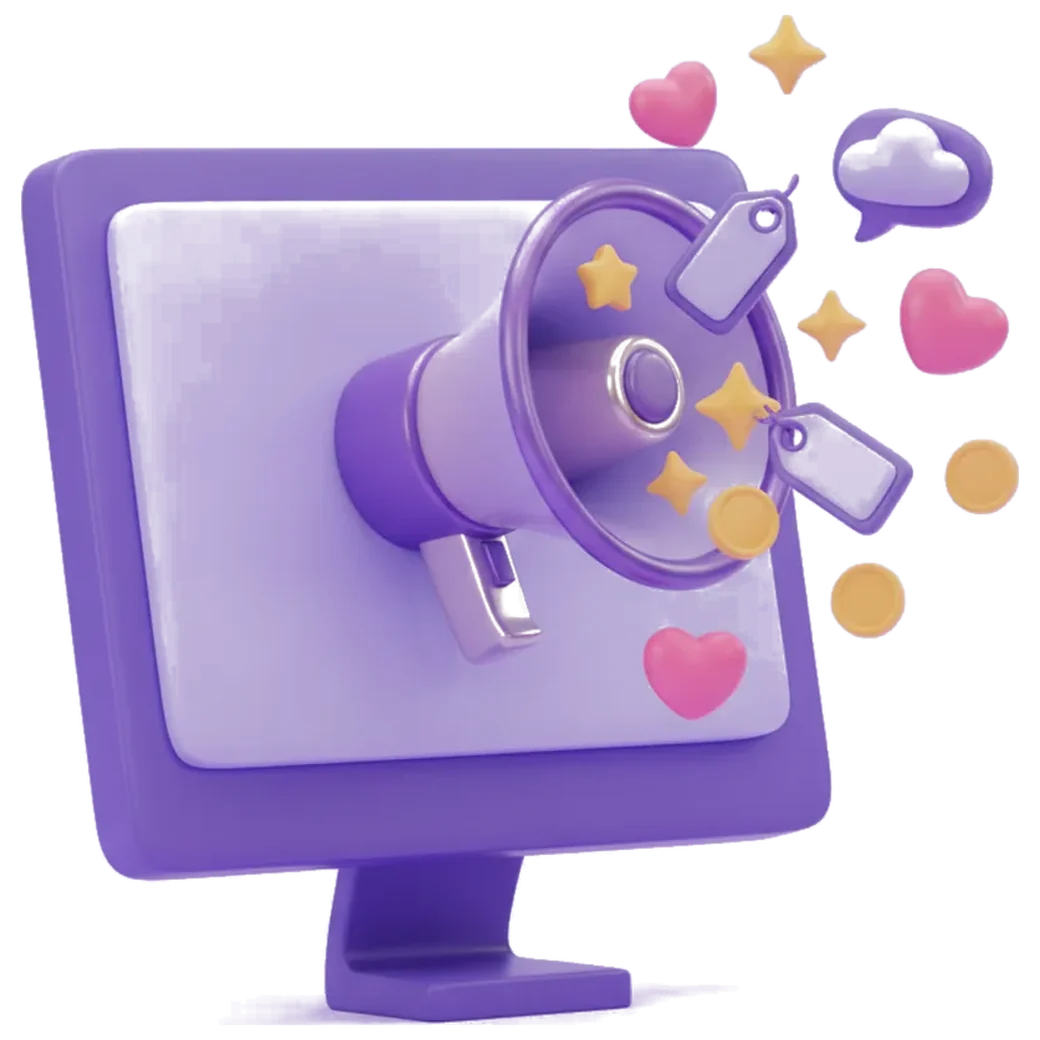 3D illustration: a violet desktop monitor with a large megaphone bursting out of the screen, scattering hearts, stars, price tags and coins through the air