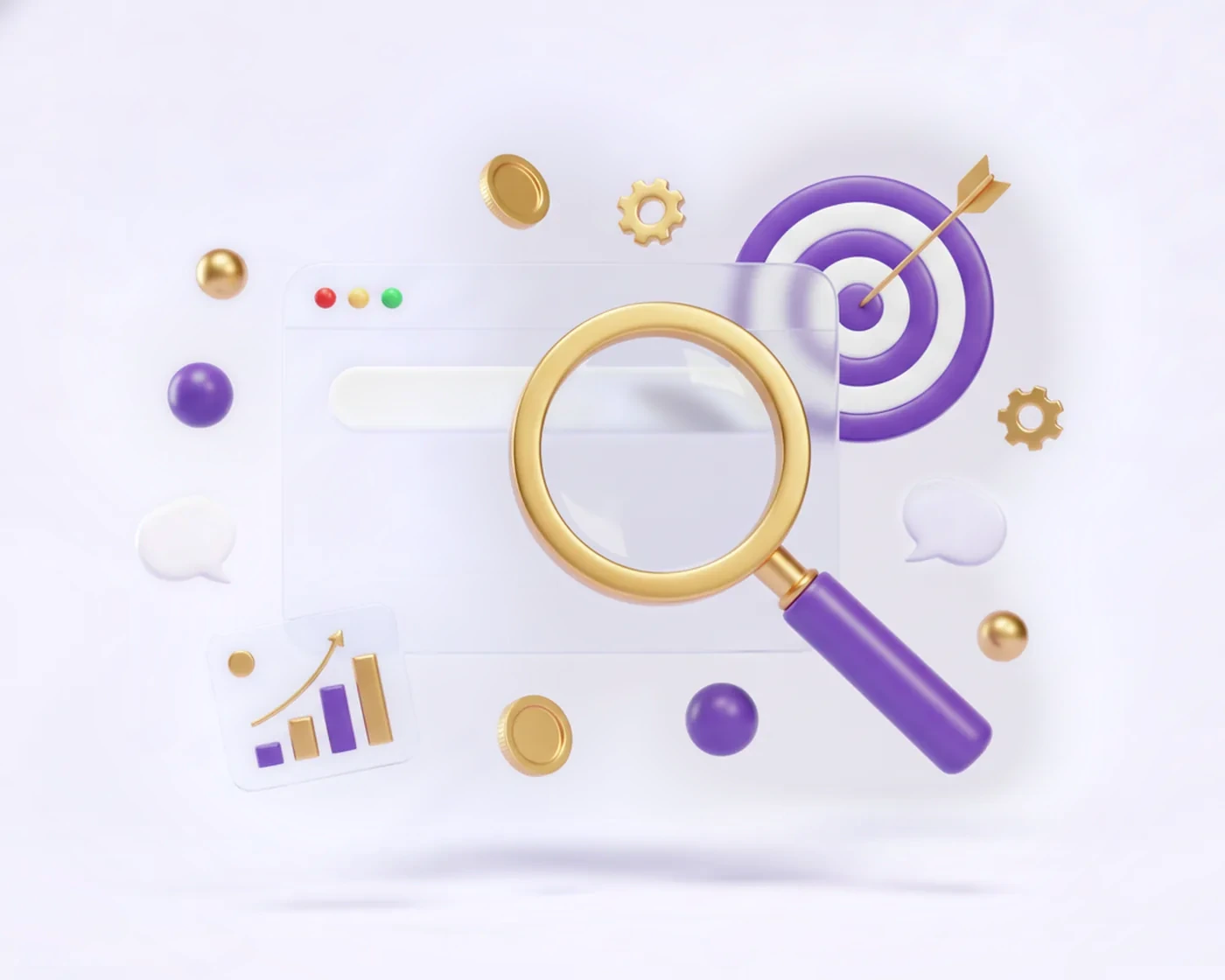 3D illustration: a frosted-glass browser window with a search field, a large gold-rimmed magnifying glass on a violet handle, a dartboard struck by a gold arrow, and a panel showing a rising bar chart