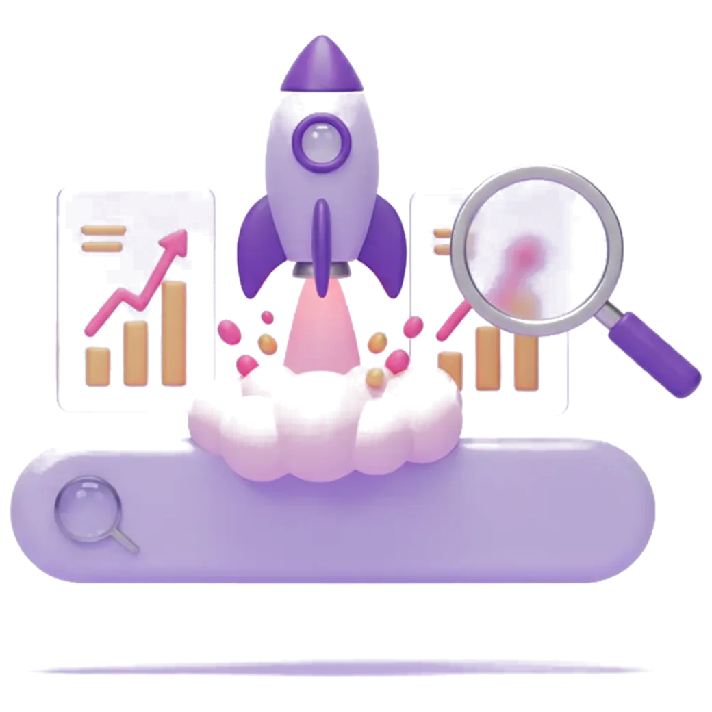 3D illustration: a violet rocket launching out of a glossy search bar on a billow of exhaust, beside a large glass magnifying glass and two frosted panels showing rising bar and line charts