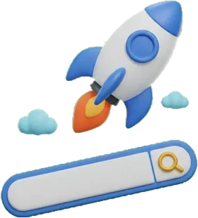 3D illustration of a rocket lifting off beside a search bar