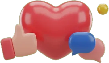 3D illustration of a heart, a thumbs-up and chat bubbles