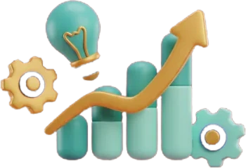 3D illustration of a rising bar chart with an arrow, a lightbulb and gears