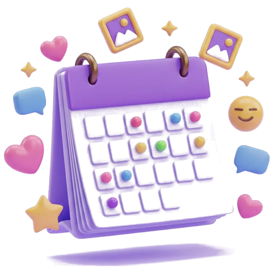 3D illustration: a violet desk calendar marked with coloured dots, surrounded by floating hearts, chat bubbles, photo tiles, a smiling emoji and gold stars