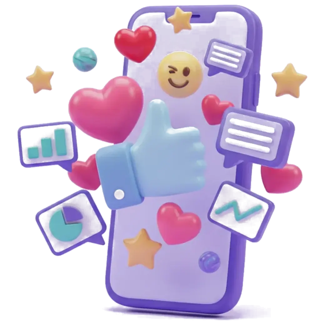 3D illustration: a violet smartphone with social media objects bursting out of its screen — pink hearts, a thumbs-up hand, gold stars, chat bubbles, a winking emoji and small analytics charts