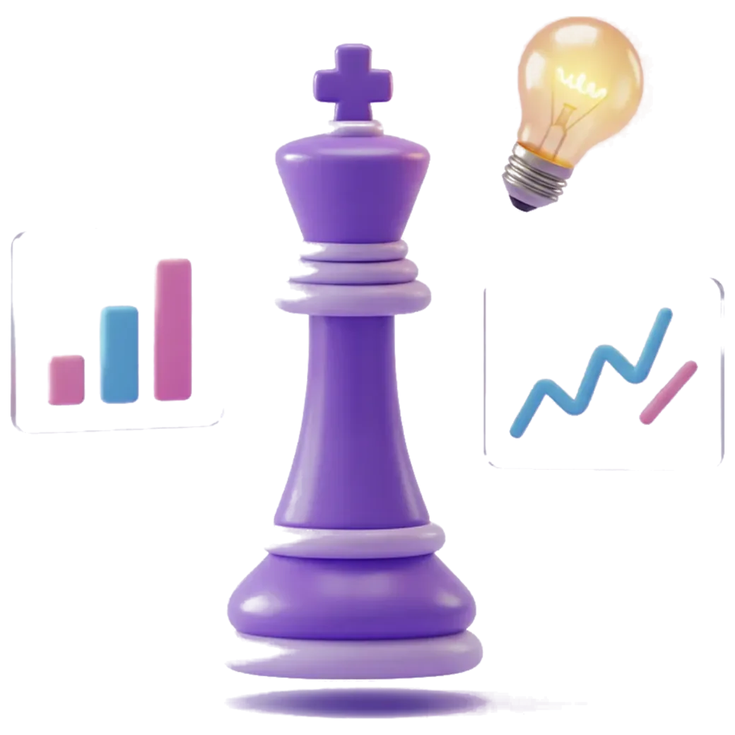 3D illustration: a violet chess king flanked by a glowing gold lightbulb and two frosted glass panels carrying a bar chart and a rising line chart