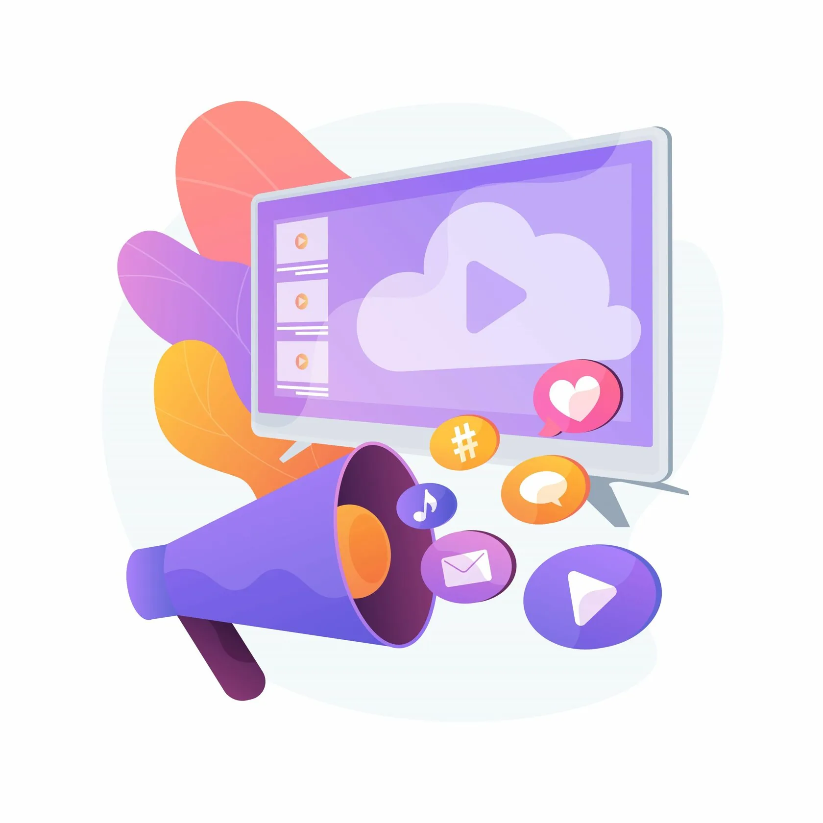 Megaphone, screen and social icons